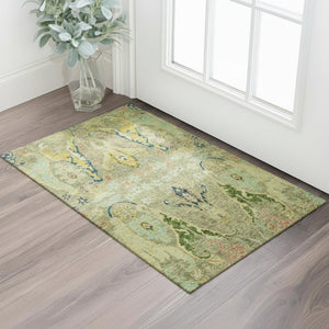 HomeRoots 5' X 8' Floral Area Rug in Green, Blue, and Gold - Washable, UV Protected, Durable & Stylish Design 708483