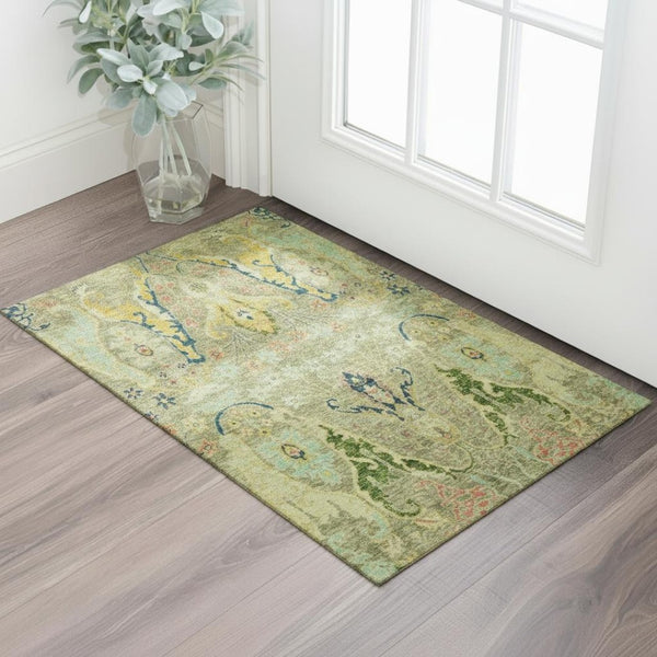 HomeRoots 5' X 8' Floral Area Rug in Green, Blue, and Gold - Washable, UV Protected, Durable & Stylish Design 708483