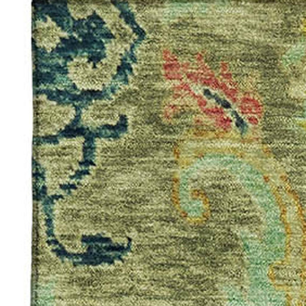HomeRoots 5' X 8' Floral Area Rug in Green, Blue, and Gold - Washable, UV Protected, Durable & Stylish Design 708483