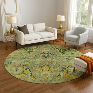 HomeRoots 8' X 10' Elegant Green, Blue & Gold Floral Washable Area Rug with UV Protection for Busy Homes 708485