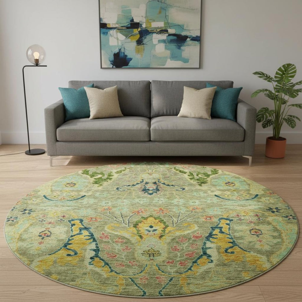 HomeRoots 8' X 10' Elegant Green, Blue & Gold Floral Washable Area Rug with UV Protection for Busy Homes 708485
