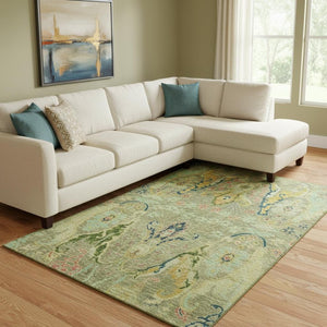HomeRoots 9' X 12' Washable Floral Area Rug in Green, Blue & Gold – UV Protected, Pet-Friendly, Easy Care 708486