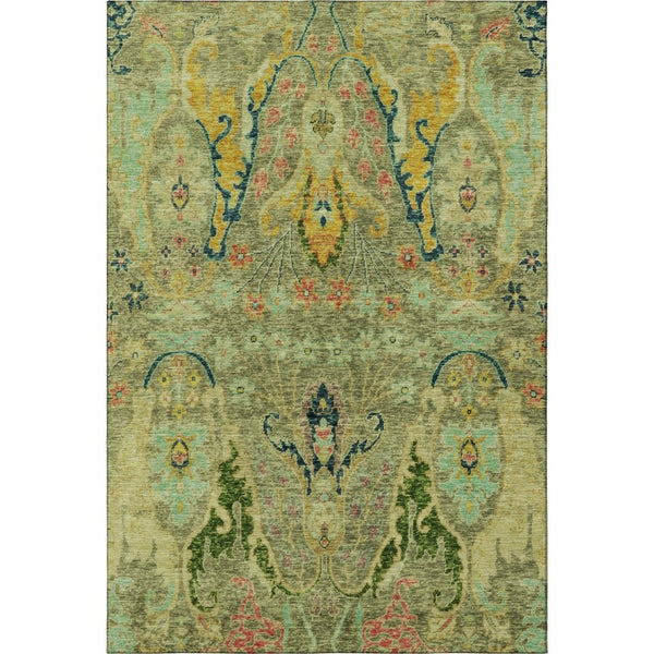 HomeRoots 9' X 12' Washable Floral Area Rug in Green, Blue & Gold – UV Protected, Pet-Friendly, Easy Care 708486