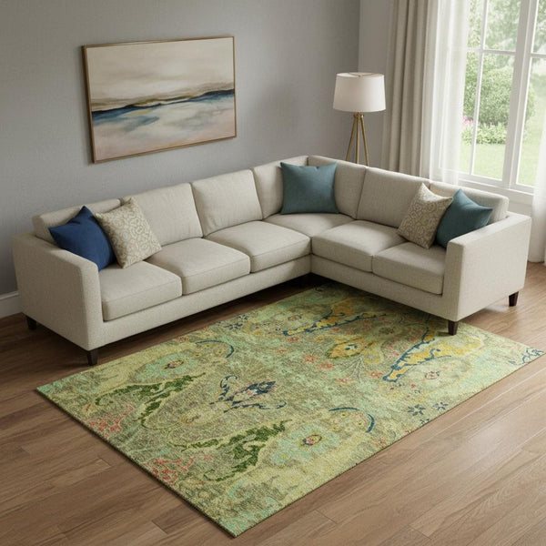 HomeRoots 10' X 14' Washable Floral Area Rug in Green, Blue & Gold - Stain Resistant & UV Protected Design 708487