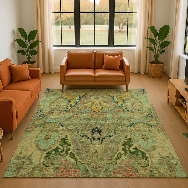 HomeRoots 10' X 14' Washable Floral Area Rug in Green, Blue & Gold - Stain Resistant & UV Protected Design 708487