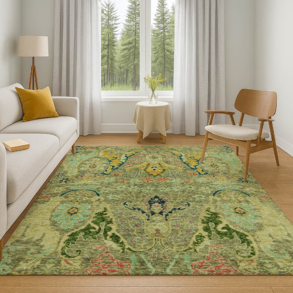 HomeRoots 10' X 14' Washable Floral Area Rug in Green, Blue & Gold - Stain Resistant & UV Protected Design 708487