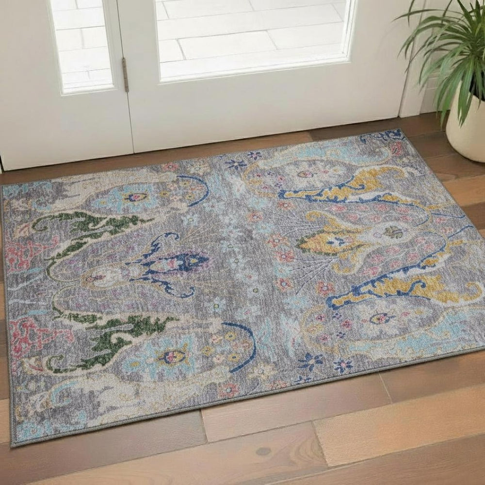 HomeRoots 5' X 8' Gray Blue Floral Area Rug - Washable, UV Protected, Stain Resistant, Perfect for Homes! 708489