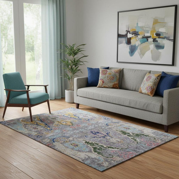 HomeRoots 8' Gray Blue and Gold Floral Washable Round Rug - Durable, Stain-Resistant with UV Protection! 708490