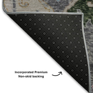 HomeRoots 8' Gray Blue and Gold Floral Washable Round Rug - Durable, Stain-Resistant with UV Protection! 708490