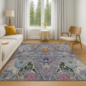 HomeRoots 8' Gray Blue and Gold Floral Washable Round Rug - Durable, Stain-Resistant with UV Protection! 708490