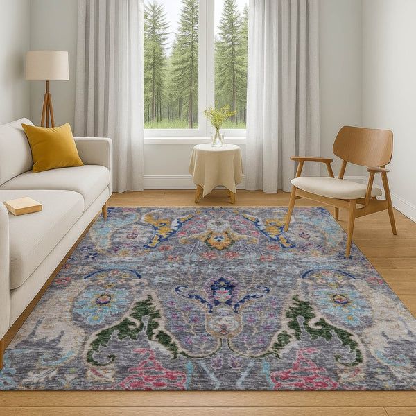 HomeRoots 8' Gray Blue and Gold Floral Washable Round Rug - Durable, Stain-Resistant with UV Protection! 708490