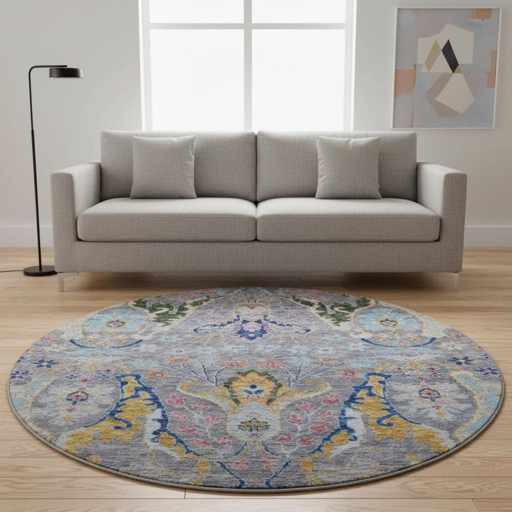 HomeRoots 8' X 10' Stylish Gray Blue and Gold Floral Washable Area Rug with UV Protection for Every Room 708491