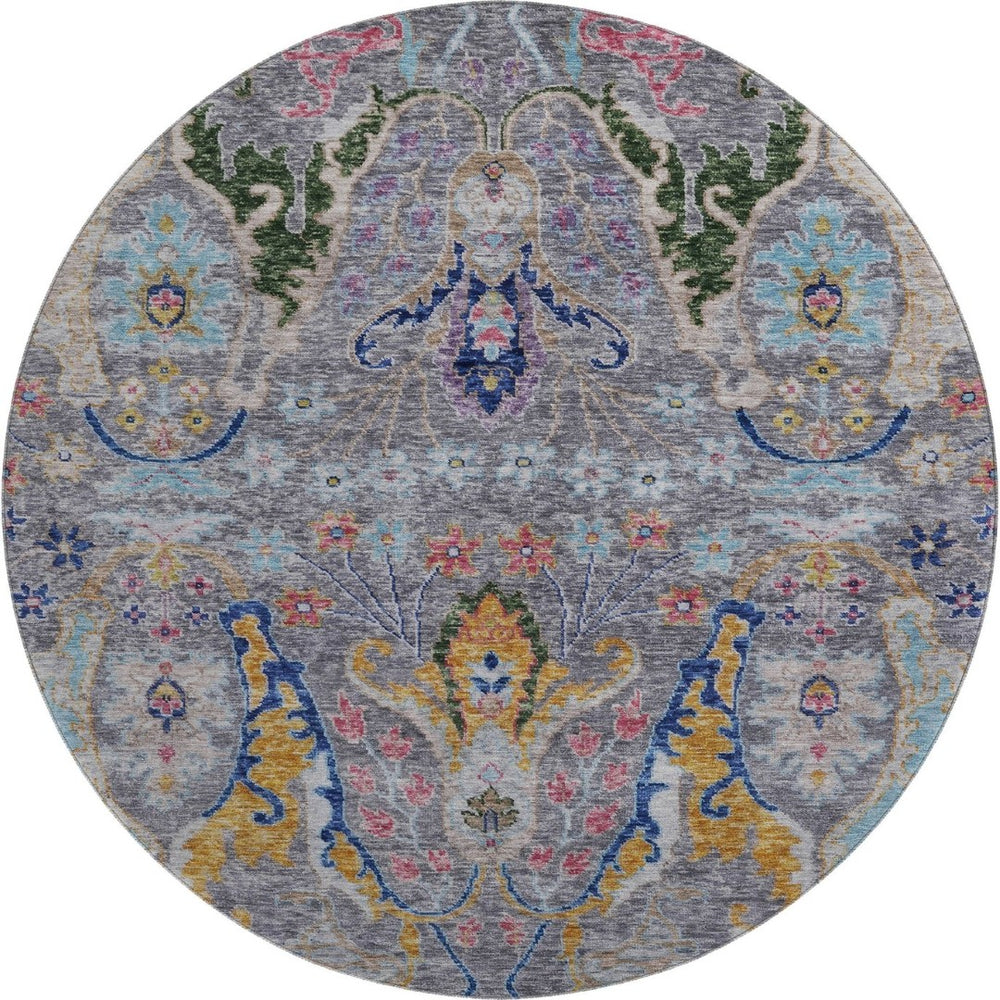 HomeRoots 8' X 10' Stylish Gray Blue and Gold Floral Washable Area Rug with UV Protection for Every Room 708491