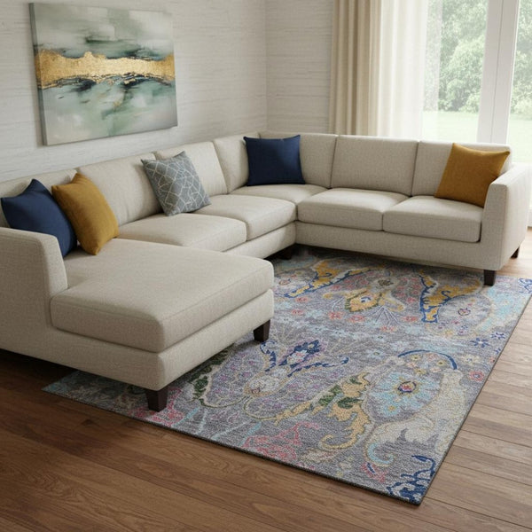 HomeRoots 9' X 12' Floral Area Rug in Gray Blue and Gold - Washable, UV Protected, Durable for Homes with Kids & Pets 708492