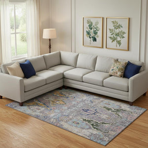 HomeRoots 10' X 14' Gray Blue and Gold Floral Area Rug - Washable, UV-Protected, Perfect for High-Traffic Spaces! 708493