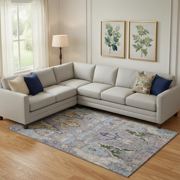 HomeRoots 10' X 14' Gray Blue and Gold Floral Area Rug - Washable, UV-Protected, Perfect for High-Traffic Spaces! 708493