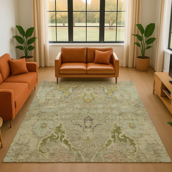 HomeRoots 5' X 8' Khaki Gold Beige Floral Area Rug - Washable, UV Protected, Stain Resistant, Durable Design! 708495