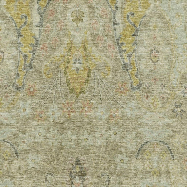 HomeRoots 8' Washable Floral Round Rug in Khaki, Gold & Beige - UV Protection, Pet-Friendly, Stylish Decor 708496
