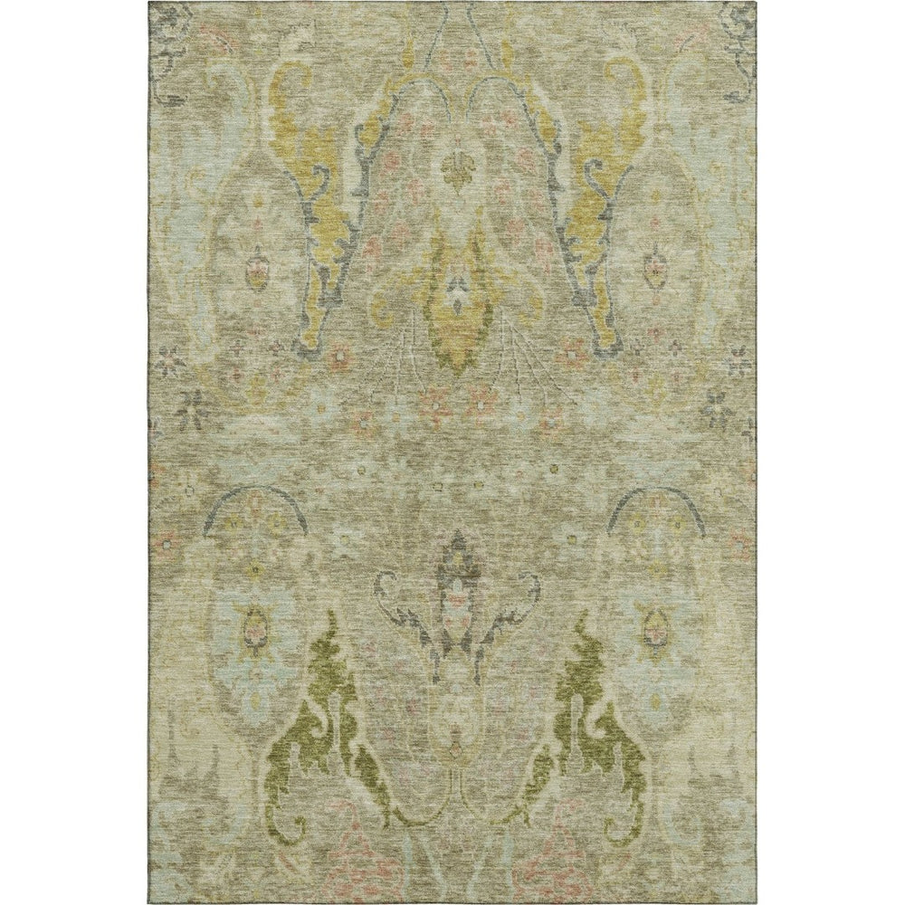 HomeRoots 9' X 12' Elegant Floral Area Rug in Khaki Gold & Beige - Stain Resistant, UV Protected, Washable Design 708498