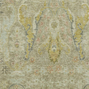 HomeRoots 9' X 12' Elegant Floral Area Rug in Khaki Gold & Beige - Stain Resistant, UV Protected, Washable Design 708498
