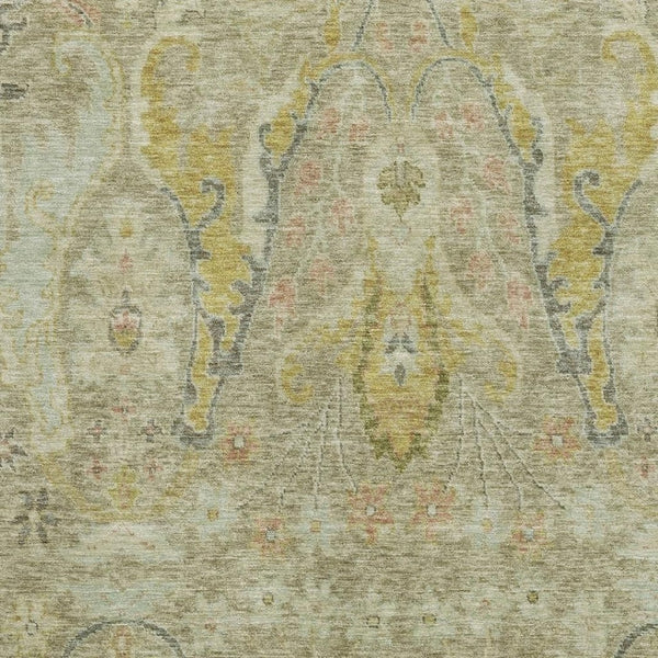 HomeRoots 9' X 12' Elegant Floral Area Rug in Khaki Gold & Beige - Stain Resistant, UV Protected, Washable Design 708498