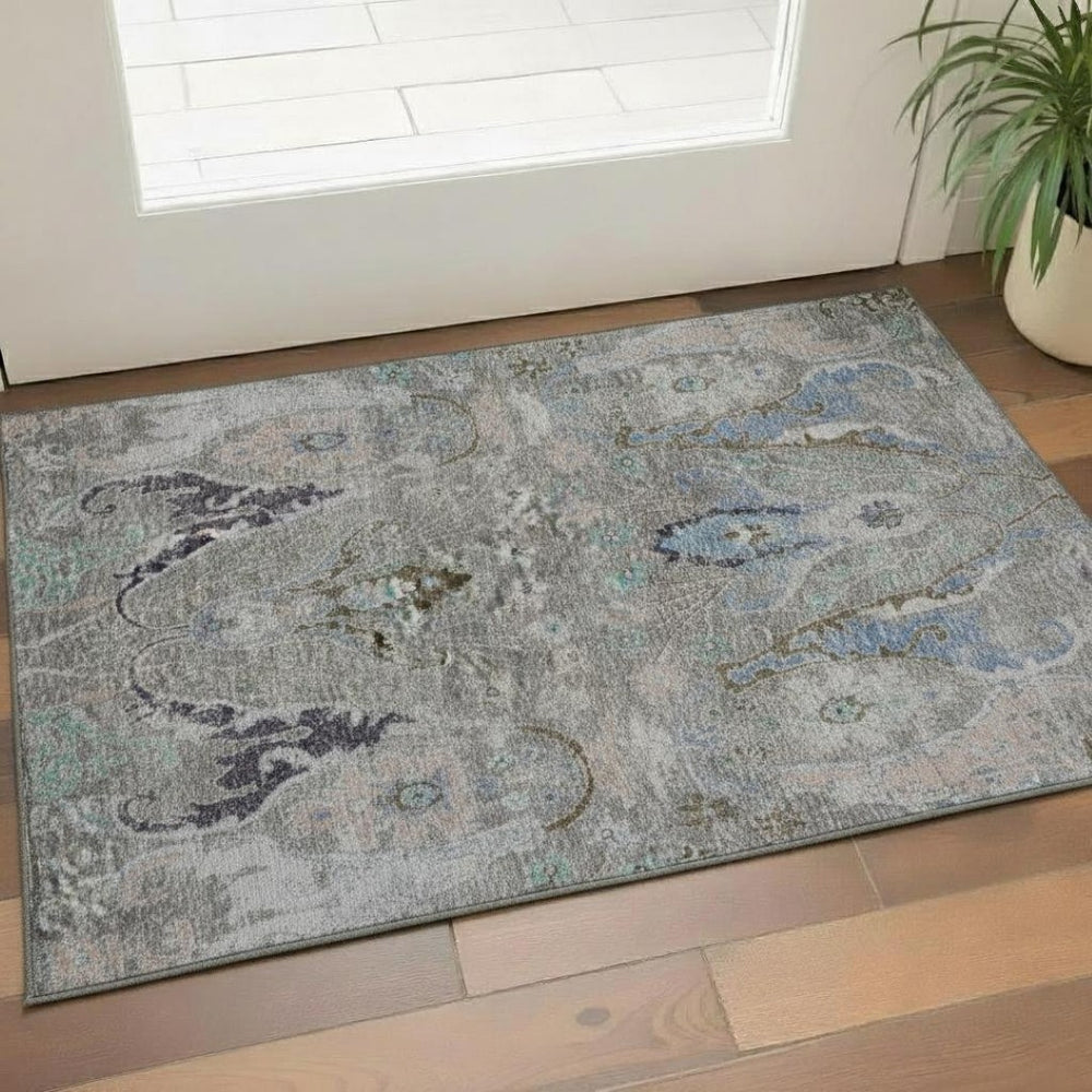 HomeRoots 5' X 8' Elegant Pewter Blue & Gray Floral Washable Area Rug with UV Protection for Everyday Living 708501