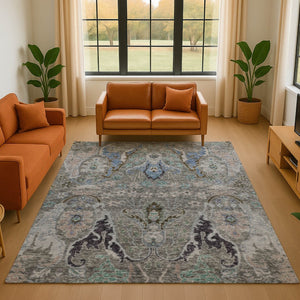 HomeRoots 5' X 8' Elegant Pewter Blue & Gray Floral Washable Area Rug with UV Protection for Everyday Living 708501