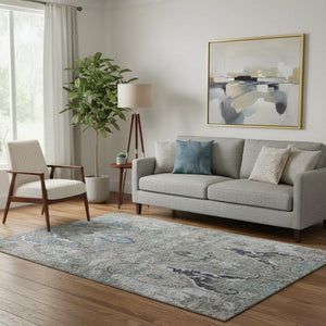 HomeRoots 8' Elegant Pewter Blue & Gray Floral Washable Area Rug with UV Protection for Easy Care & Style 708502