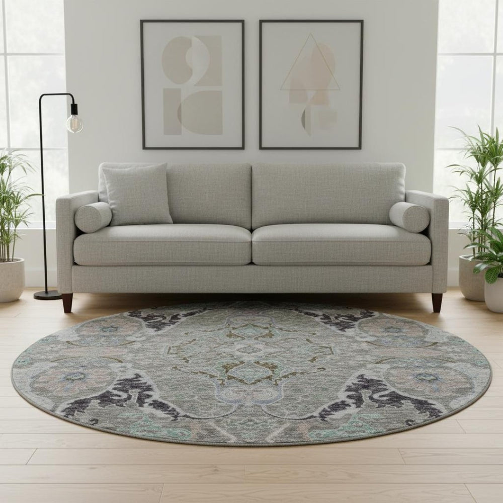 HomeRoots 8' X 10' Floral Area Rug in Pewter Blue & Gray - Washable, Stain Resistant with UV Protection 708503