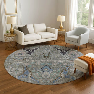 HomeRoots 8' X 10' Floral Area Rug in Pewter Blue & Gray - Washable, Stain Resistant with UV Protection 708503