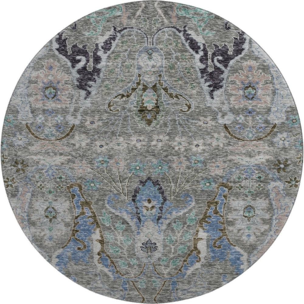 HomeRoots 8' X 10' Floral Area Rug in Pewter Blue & Gray - Washable, Stain Resistant with UV Protection 708503