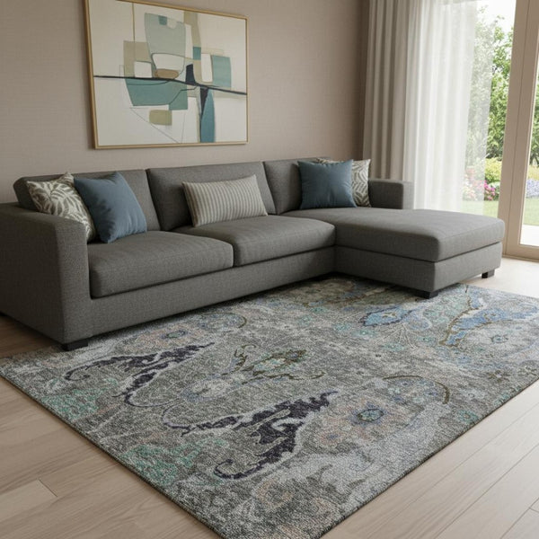 HomeRoots 9' X 12' Elegant Pewter Blue and Gray Floral Area Rug - Washable, UV Protected, Stain Resistant 708504