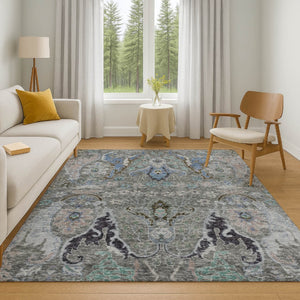 HomeRoots 10' X 14' Washable Pewter Blue & Gray Floral Area Rug with UV Protection for High Traffic Spaces 708505