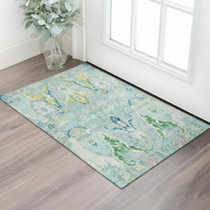 HomeRoots 5' X 8' Teal, Gold & Blue Floral Area Rug - Washable, UV Protected, Durable & Family-Friendly Decor 708507