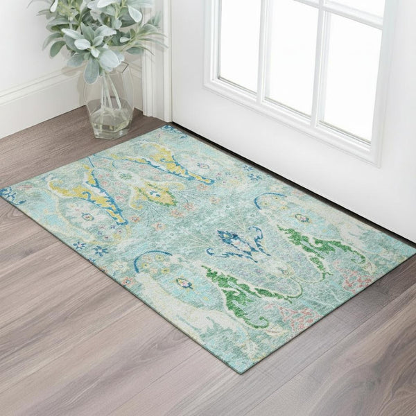 HomeRoots 5' X 8' Teal, Gold & Blue Floral Area Rug - Washable, UV Protected, Durable & Family-Friendly Decor 708507