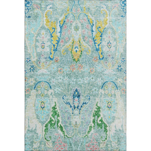 HomeRoots 5' X 8' Teal, Gold & Blue Floral Area Rug - Washable, UV Protected, Durable & Family-Friendly Decor 708507