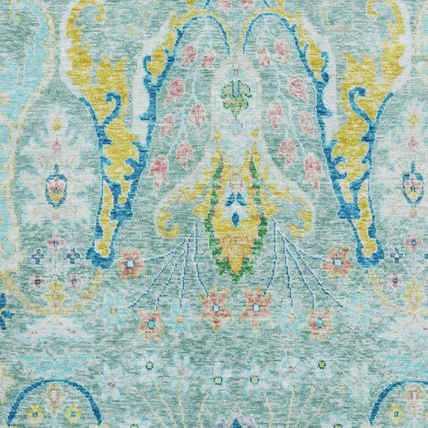 HomeRoots 5' X 8' Teal, Gold & Blue Floral Area Rug - Washable, UV Protected, Durable & Family-Friendly Decor 708507
