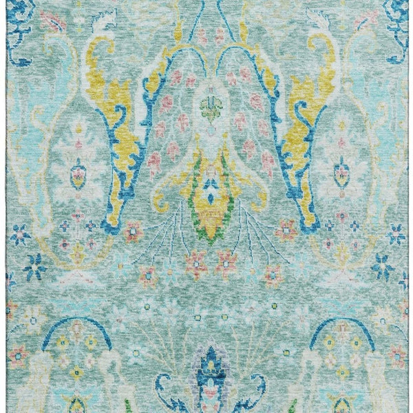 HomeRoots 5' X 8' Teal, Gold & Blue Floral Area Rug - Washable, UV Protected, Durable & Family-Friendly Decor 708507