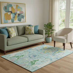 HomeRoots 8' Teal Gold And Blue Floral Washable Round Rug - Stylish, Durable, UV-Protected for Active Homes 708508