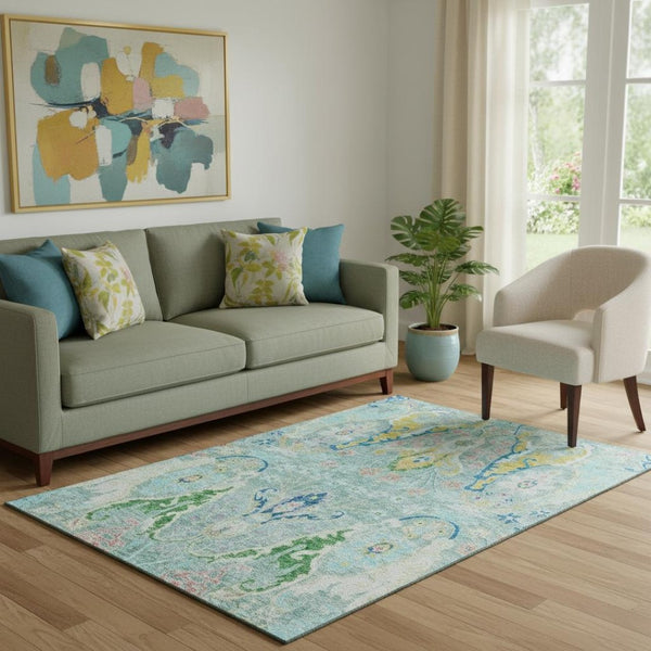 HomeRoots 8' Teal Gold And Blue Floral Washable Round Rug - Stylish, Durable, UV-Protected for Active Homes 708508