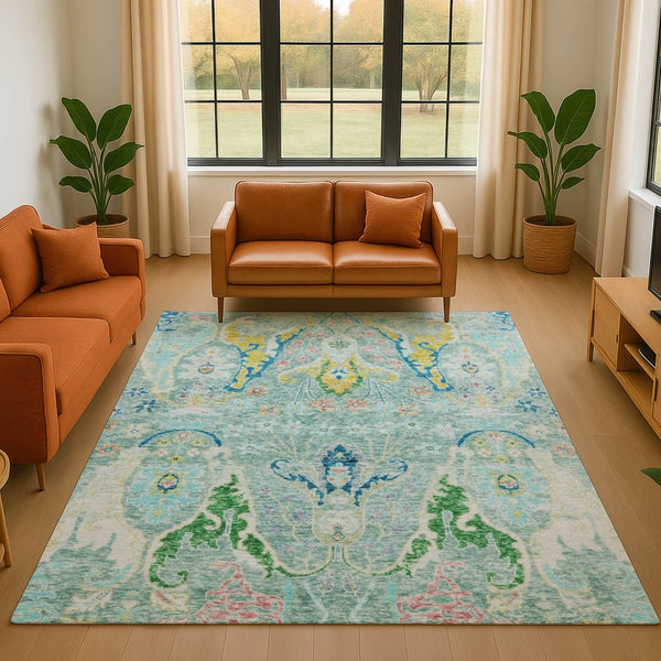 HomeRoots 8' Teal Gold And Blue Floral Washable Round Rug - Stylish, Durable, UV-Protected for Active Homes 708508