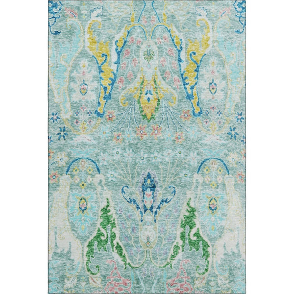 HomeRoots 8' Teal Gold And Blue Floral Washable Round Rug - Stylish, Durable, UV-Protected for Active Homes 708508