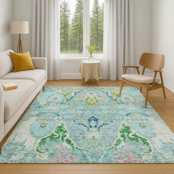 HomeRoots 8' Teal Gold And Blue Floral Washable Round Rug - Stylish, Durable, UV-Protected for Active Homes 708508