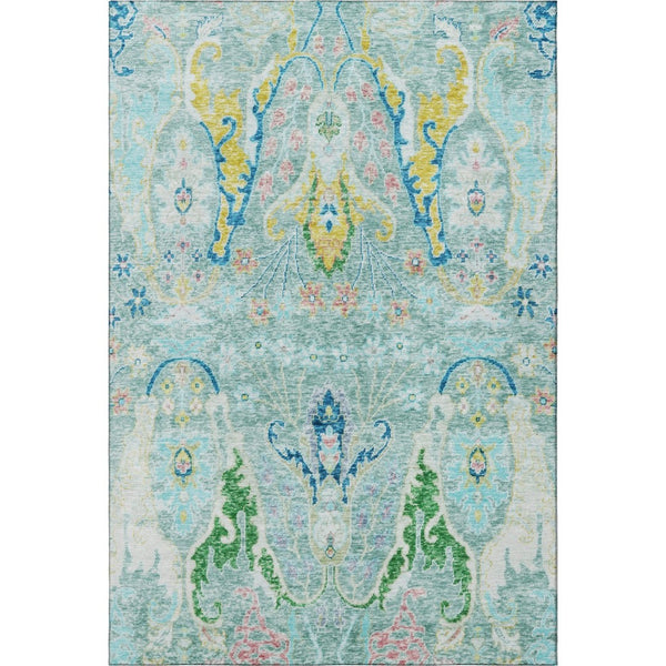 HomeRoots 8' Teal Gold And Blue Floral Washable Round Rug - Stylish, Durable, UV-Protected for Active Homes 708508