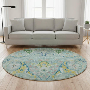 HomeRoots 8' X 10' Stylish Teal Gold Blue Floral Washable Area Rug with UV Protection & Non-Slip Backing 708509