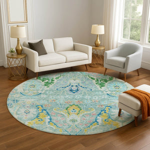 HomeRoots 8' X 10' Stylish Teal Gold Blue Floral Washable Area Rug with UV Protection & Non-Slip Backing 708509