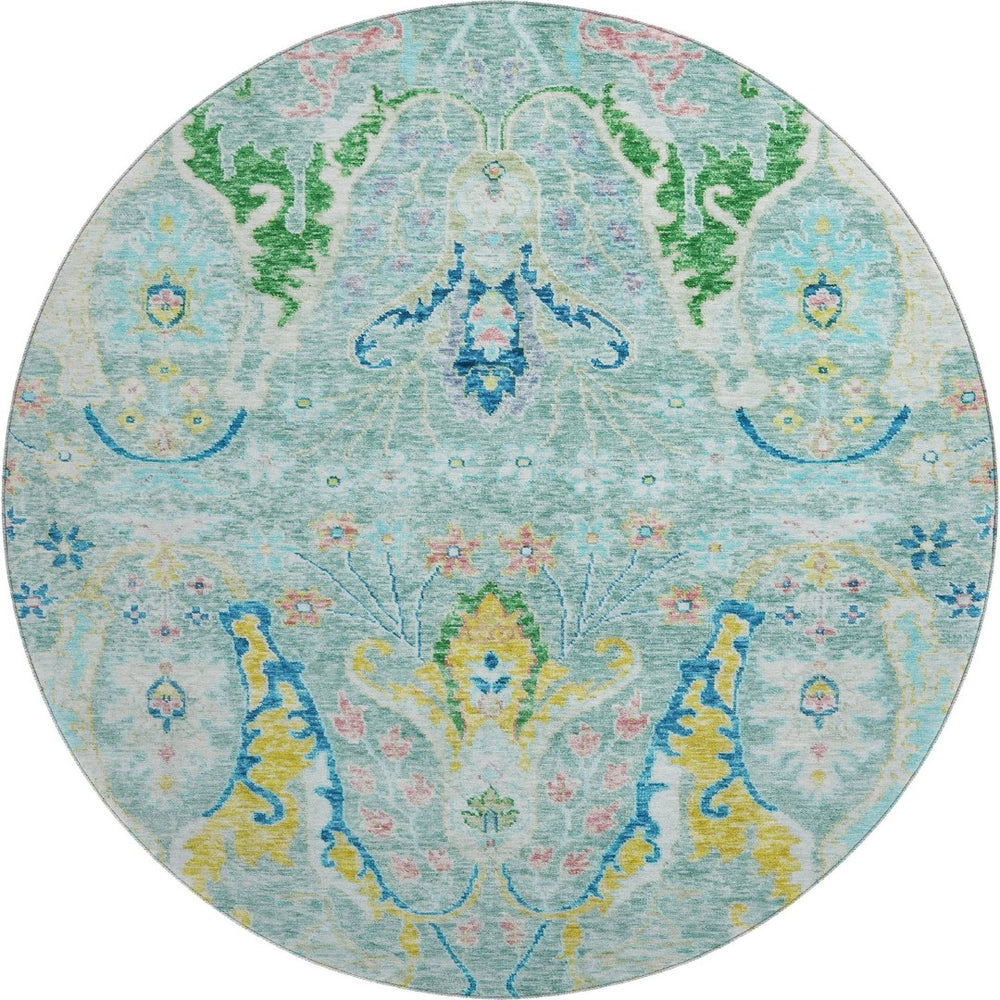 HomeRoots 8' X 10' Stylish Teal Gold Blue Floral Washable Area Rug with UV Protection & Non-Slip Backing 708509
