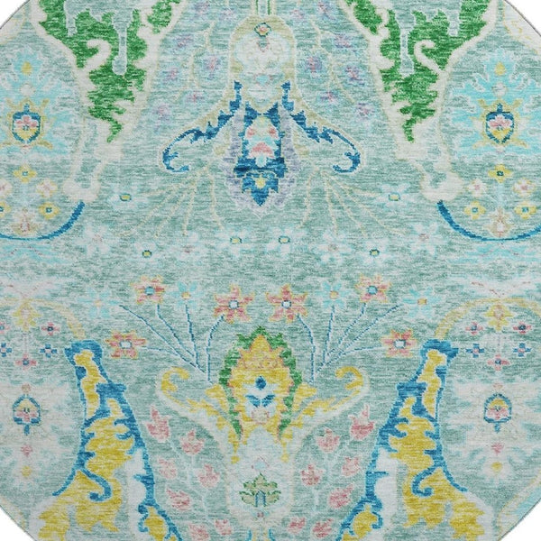 HomeRoots 8' X 10' Stylish Teal Gold Blue Floral Washable Area Rug with UV Protection & Non-Slip Backing 708509