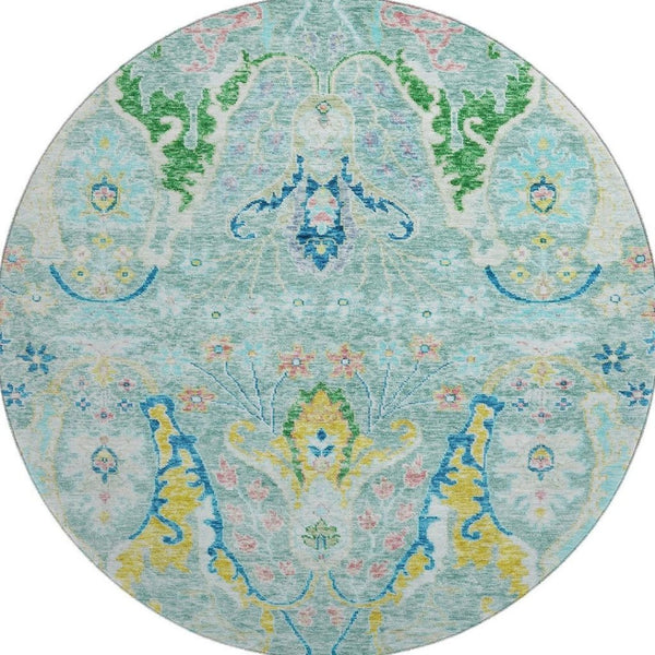 HomeRoots 8' X 10' Stylish Teal Gold Blue Floral Washable Area Rug with UV Protection & Non-Slip Backing 708509
