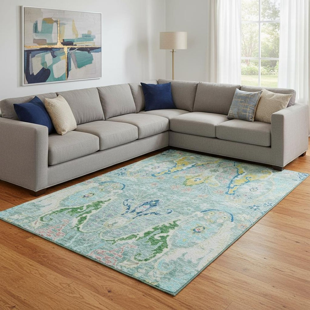 HomeRoots 9' X 12' Teal Gold and Blue Floral Area Rug - Washable, UV-Protected, Durable for Stylish Living Spaces 708510